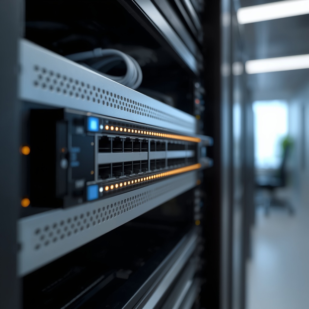 Business network switch and cabling installed in a Maine office server rack